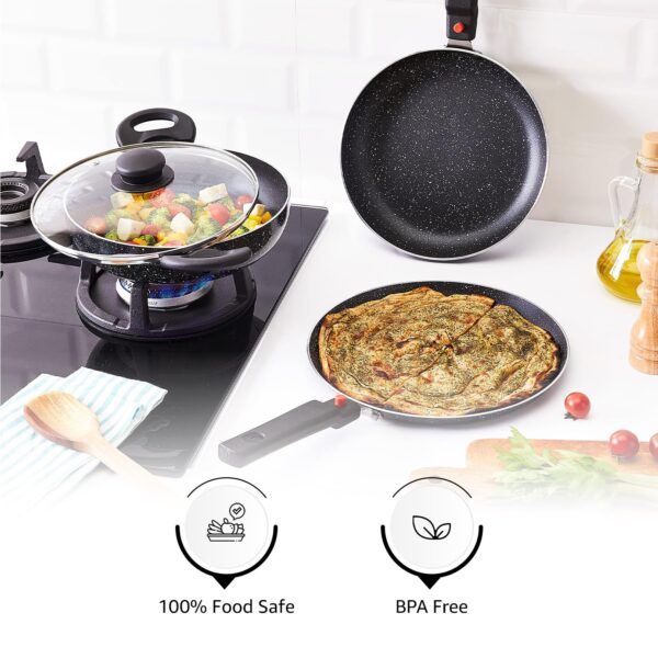 Amazon Brand - Solimo Aluminium 4 Piece Non-Stick Cookware Set with Detachable Handle | Granite Finish | Induction Base | Pfoa Free | HTR Exterior Coating | Black - Image 10