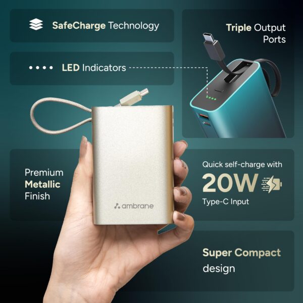 Ambrane 20000mAh Small Pocket Size Powerbank, Hanging InBuilt Type C Cable, 22.5W Fast Charging, Type C PD & USB Output for iPhone, Android Mobiles & Other Devices (MiniCharge 20, Black-Blue) - Image 2