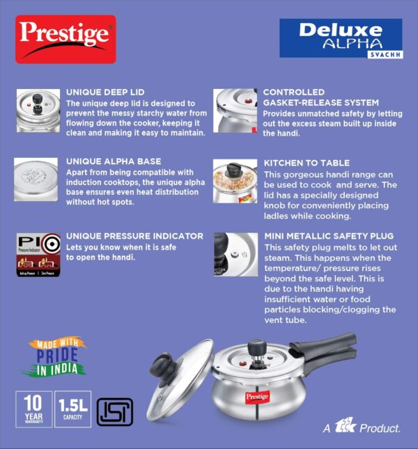 Prestige Omega Granite Aluminium Kitchen Set, 4-Pieces & Deluxe Alpha Svachh Stainless Steel Outer Lid Pressure Cooker 1.5L With Glass Lid (Deep for Spillage Control) - Image 2