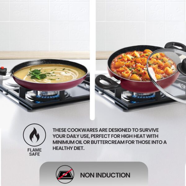 Milton Pro Cook Kitchen Pride Set of 5 Non Stick Cookware | Non Induction I Cooking Pan, Kadhai with Lid, Tawa, Nylon Laddle & Spatula I Peach - Image 6