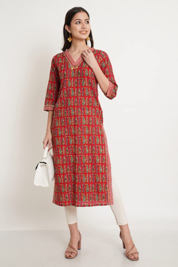 Amazon Brand - Anarva Jaipuri Cotton Printed Straight Kurta for Women (Red Paisley) - Image 4