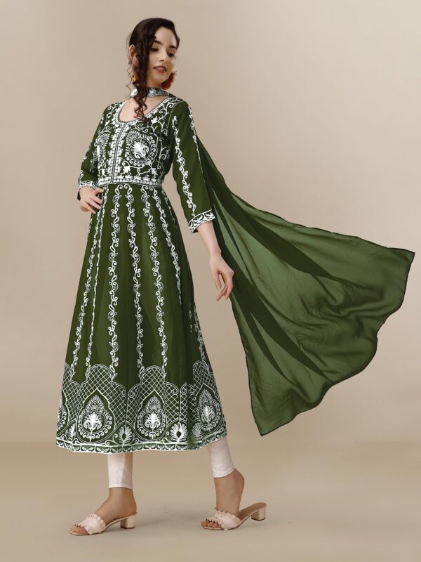 EthnicJunction Women's Georgette Chikankari Embroidery Anarkali Kurta Pant with Dupatta Set - Image 6