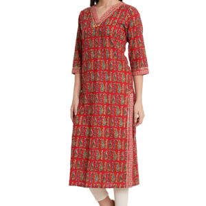 Amazon Brand - Anarva Jaipuri Cotton Printed Straight Kurta for Women (Red Paisley)