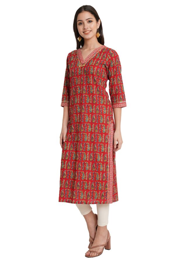 Amazon Brand - Anarva Jaipuri Cotton Printed Straight Kurta for Women (Red Paisley)