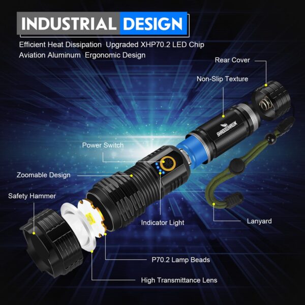 Shadowhawk Led Torch Light Rechargeable, 10000 Lumens Flash Light Torch Lights High Power, XHP70.2 Powerful Charging Torch Long Range Torchlight, high Beam Flashlight for Trekking Hunting Emergency - Image 2