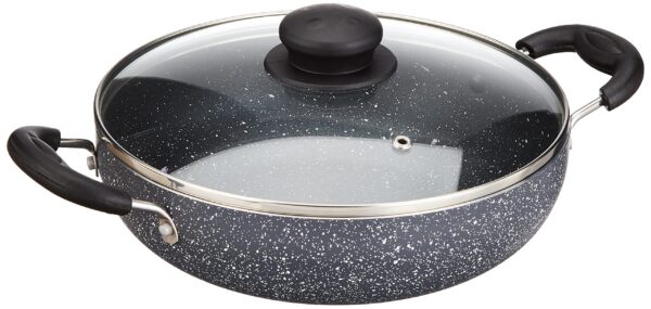 Amazon Solimo Aluminium 4 Piece Non-Stick Cookware Set | Granite Finish | Induction Base | PFOA Free | HTR Exterior Coating | 25 Cm Tawa, 22 Cm Kadai, 22 Cm Fry Pan, 1 Glass Lid | Grey - Image 9