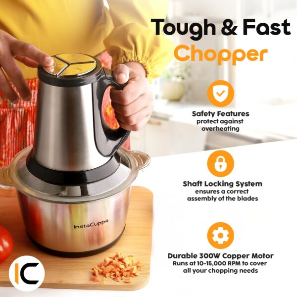 InstaCuppa 300W Electric Chopper - 2L Steel Bowl with 3 Attachments - Image 6