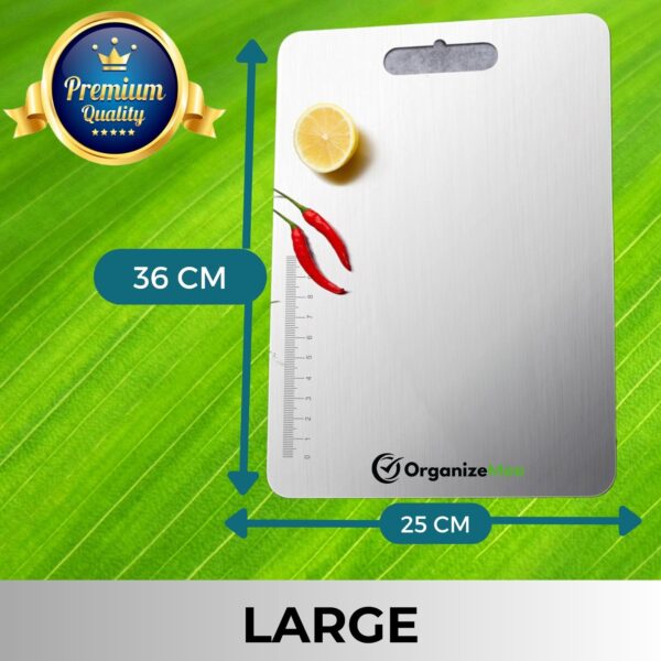 OrganizeMee Large Stainless Steel Cutting Board for Kitchen - Premium Vegetable and Fruit Cutter, Heavy-Duty Metal Chopping Board, Big Size Pad (36 cm X 25 cm) - Image 5