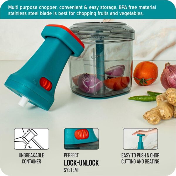 VOLTURI Chopper for Kitchen Use, Push Chopper with 3 Blades, Vegetable Chopper Kitchen Accessories Items for Home Cutting Vegetables, Onion, Ginger, Garlic, Salad, Tomato, Potato (1000 ML) - Image 2