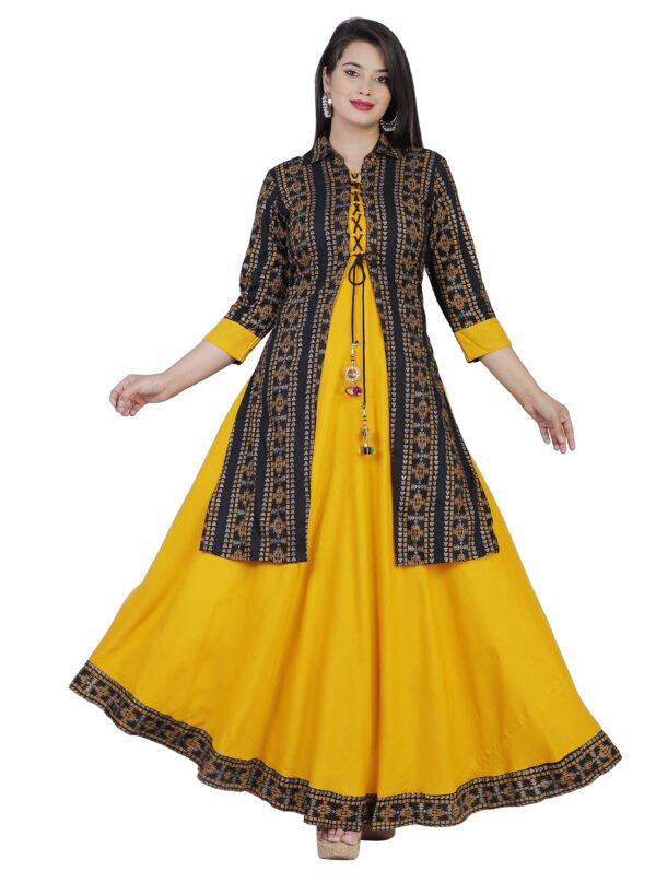 DSS FASHION Women Printed Cotton Rayon Blend Regular Fit Anarkali Kurta Yellow, Black (Size - X Large), 2021