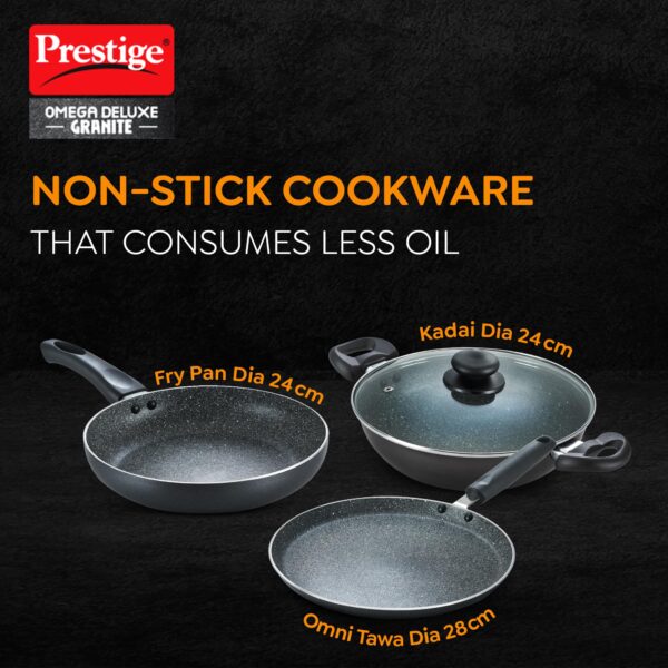 Prestige Omega Deluxe Granite Aluminium 3 Pcs Set- Tawa, Fry Pan & Kadai with 1 Glass Lid|Non-Stick|Spatter-Coated Surface|Induction & Gas Compatible|Black - Image 9