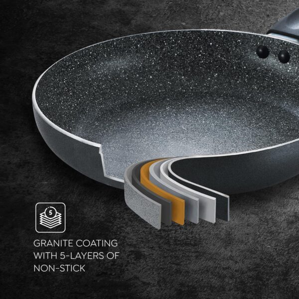 Prestige Omega Deluxe Granite Aluminium 3 Pcs Set- Tawa, Fry Pan & Kadai with 1 Glass Lid|Non-Stick|Spatter-Coated Surface|Induction & Gas Compatible|Black - Image 6